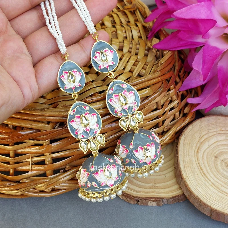 Alia Jhumka Earrings with Chain - Grey