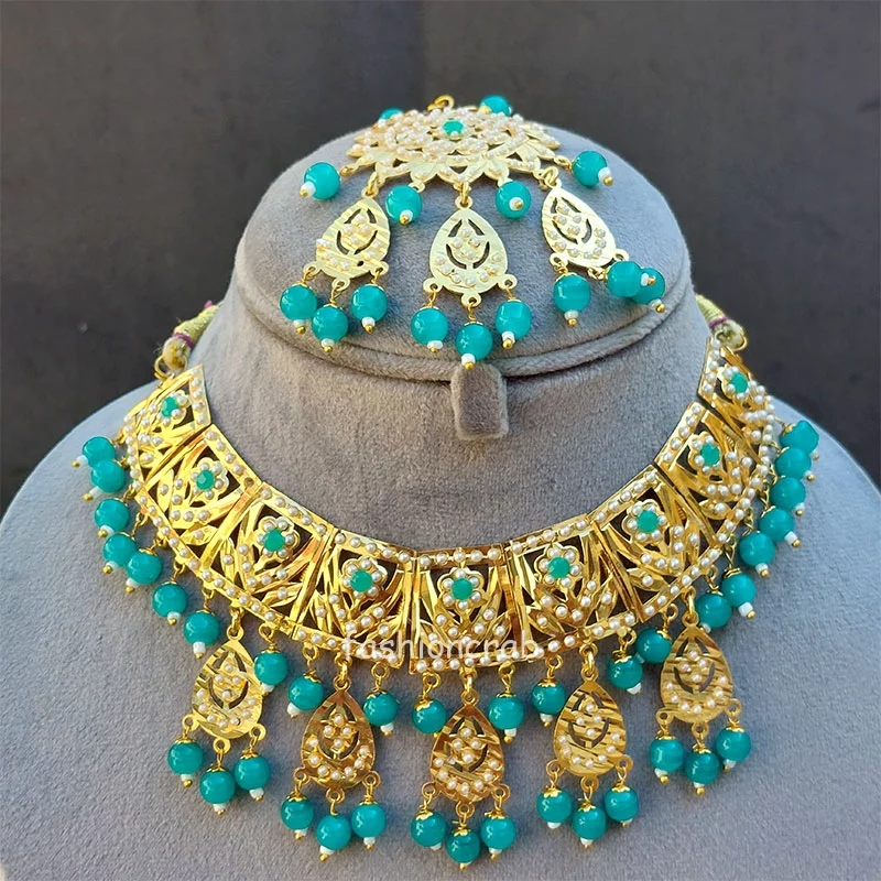 Peacock Blue Color Jadau Jewellery Set