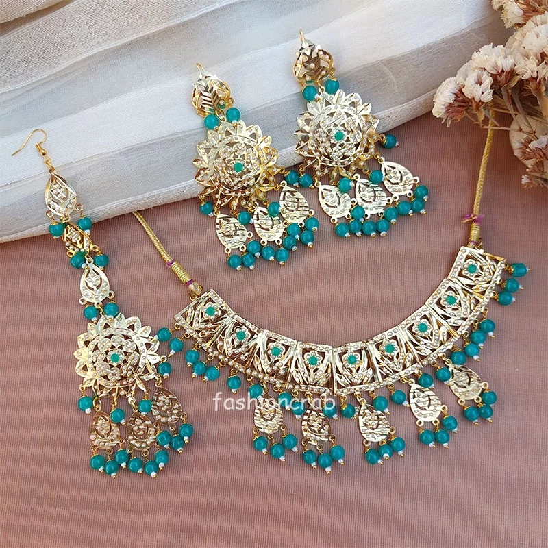 Peacock Blue Color Jadau Jewellery Set