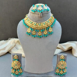 Peacock Blue Color Jadau Jewellery Set