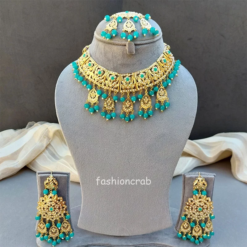 Peacock Blue Color Jadau Jewellery Set