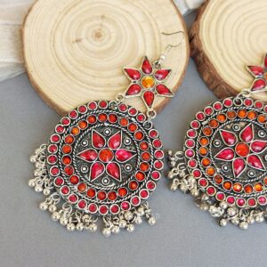 Oxidised Chandbali Earrings - Pink Orange