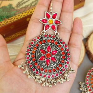 Oxidised Chandbali Earrings - Pink Orange