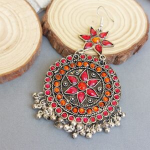 Oxidised Chandbali Earrings - Pink Orange