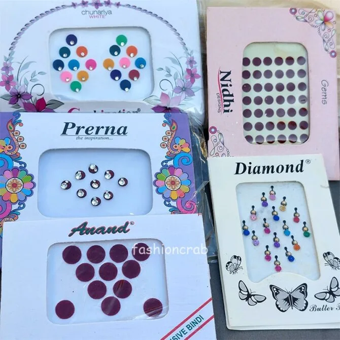 Set of 5 Bindis - 3 maroon & 2 colorful Set of 5 Bindis - 3 maroon & 2 colorful