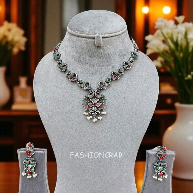 Black Tone Oxidised Necklace with Earring