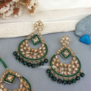 Maang Tikka Set with Earring - Dark Green