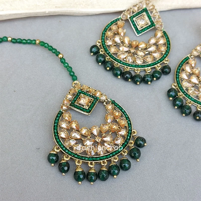 Maang Tikka Set with Earring - Dark Green