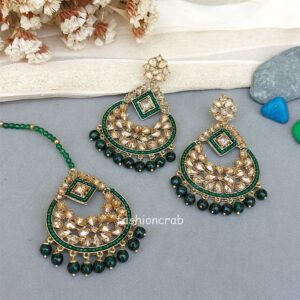 Maang Tikka Set with Earring - Dark Green