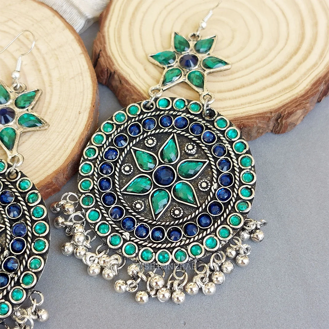 Oxidised Chandbali Earrings – Blue Green