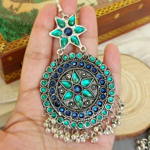 Oxidised Chandbali Earrings – Blue Green