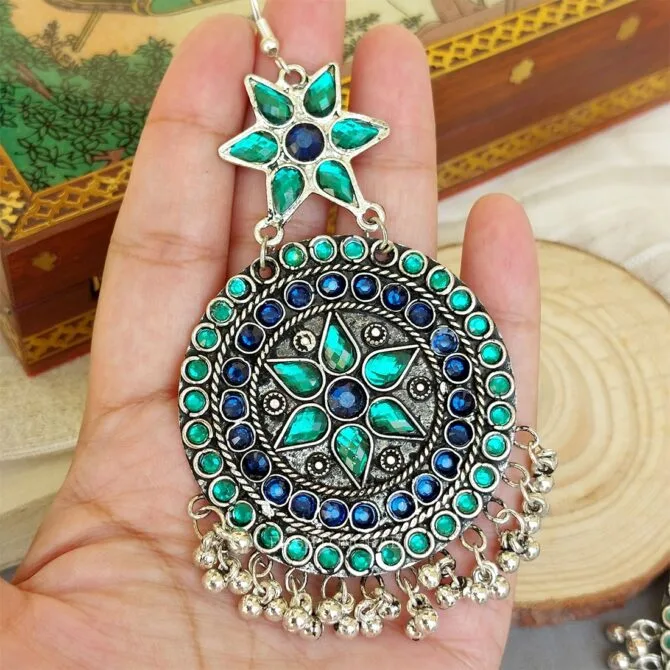 Oxidised Chandbali Earrings – Blue Green