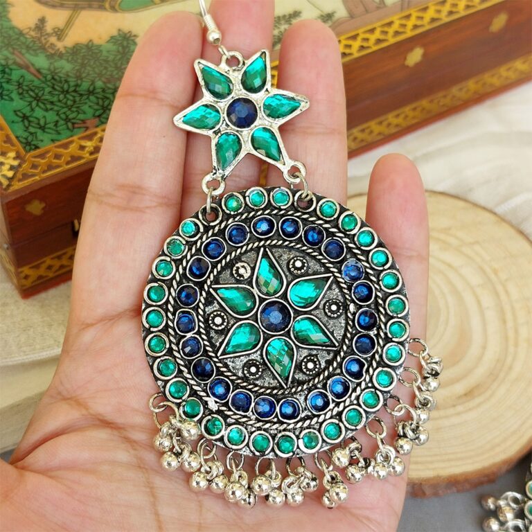 Oxidised Chandbali Earrings – Blue Green