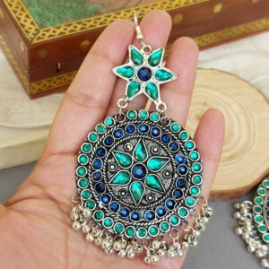 Oxidised Chandbali Earrings – Blue Green