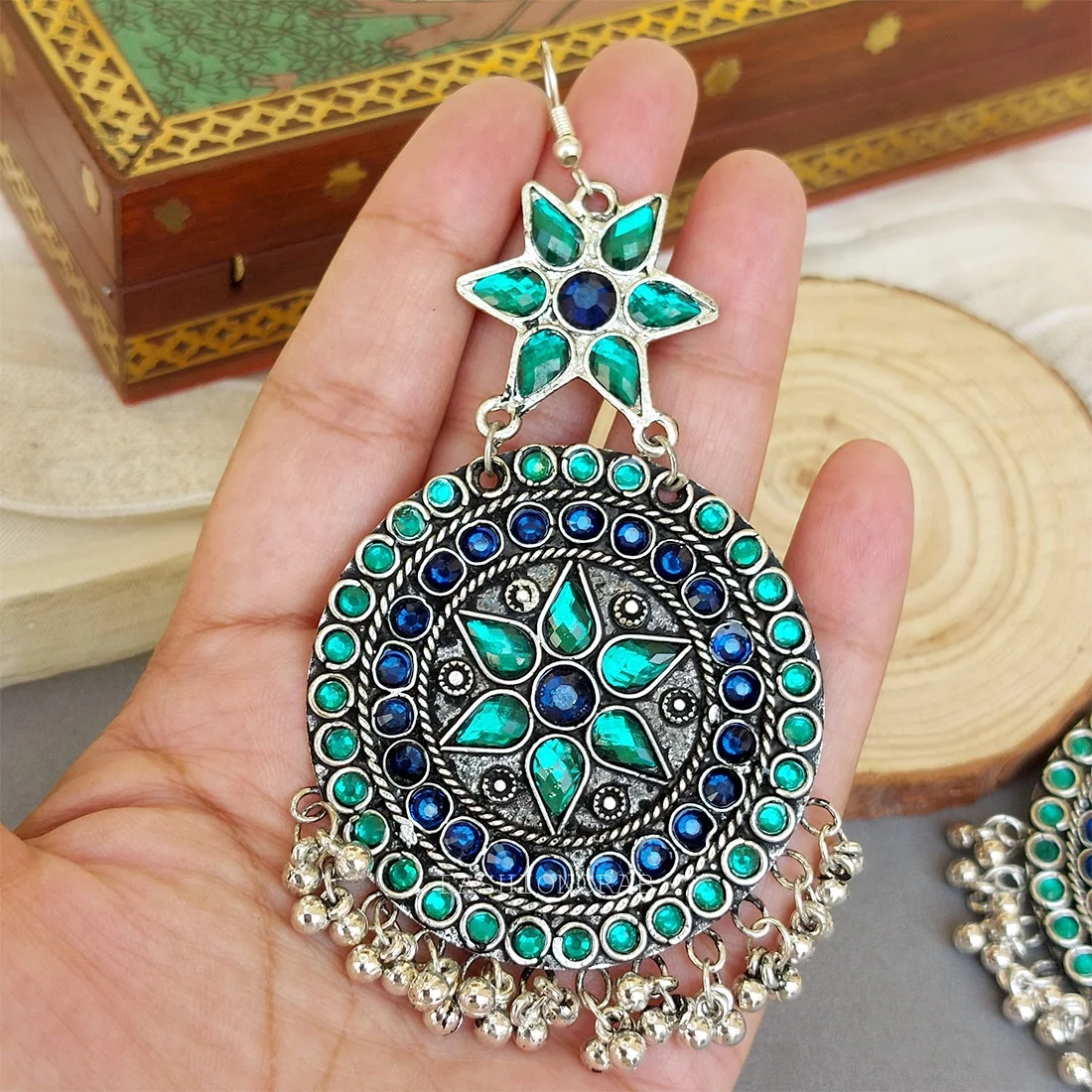 Oxidised Chandbali Earrings – Blue Green