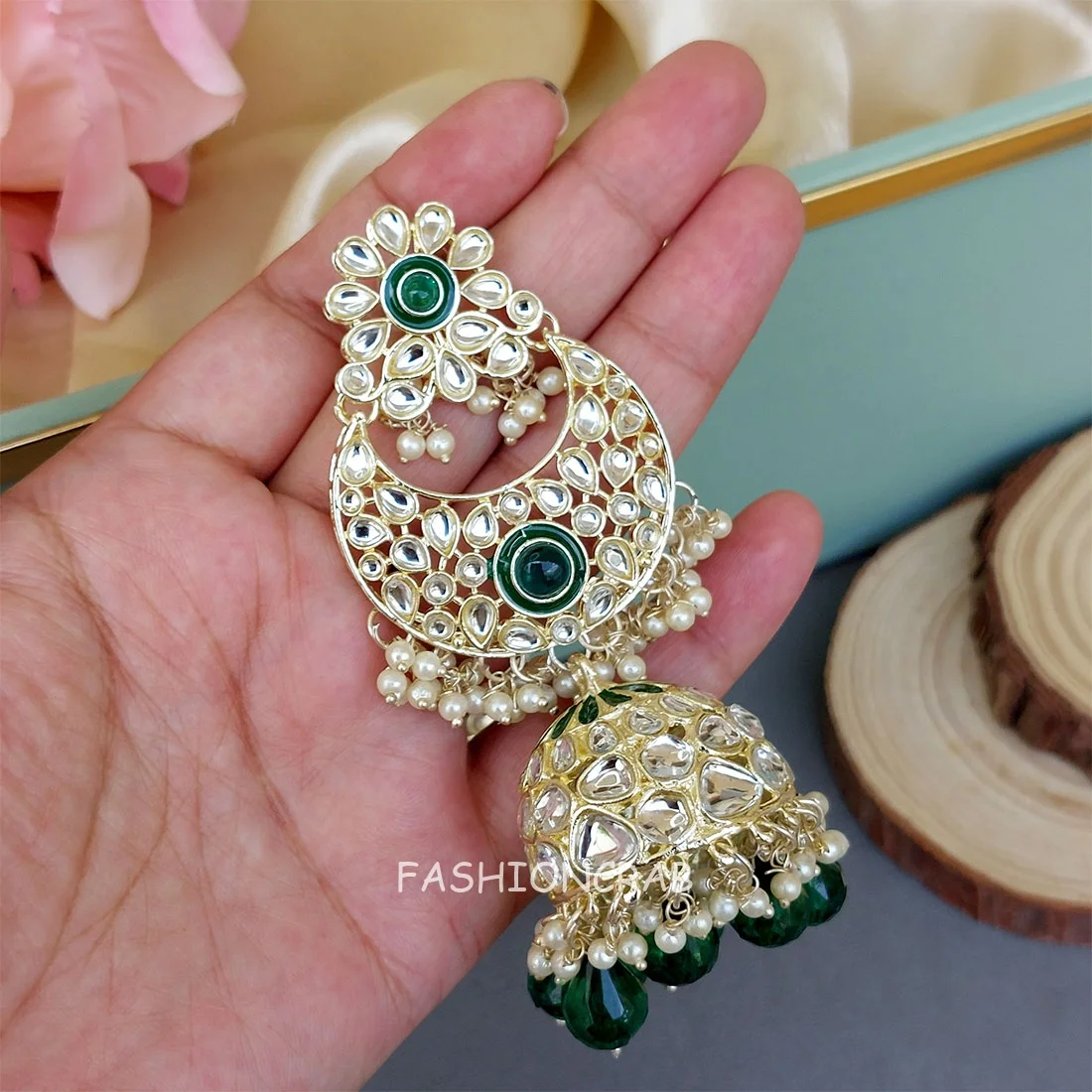 Soundarya Kundan Jhumka Earrings - Green