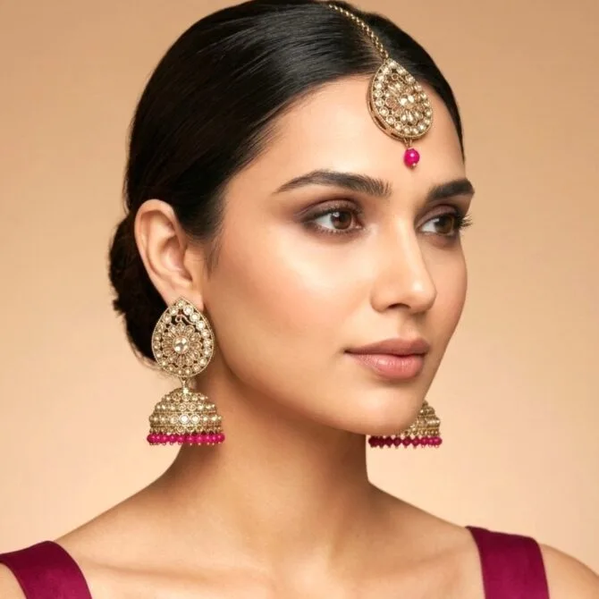 Jhumka Earring and Tikka Set – Pink