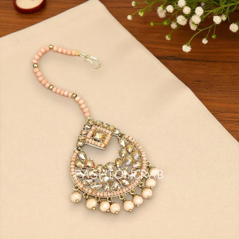 Maang Tikka Set with Earring - Peach
