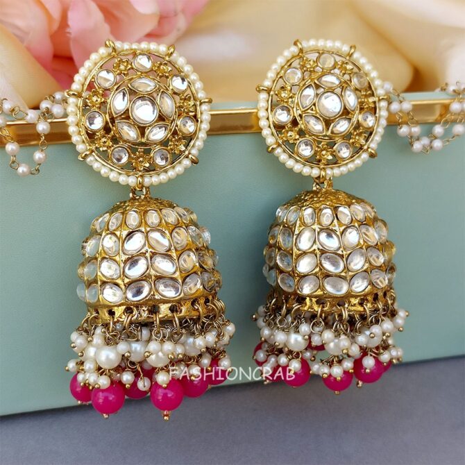 Pink Jhumka Earring with Chain