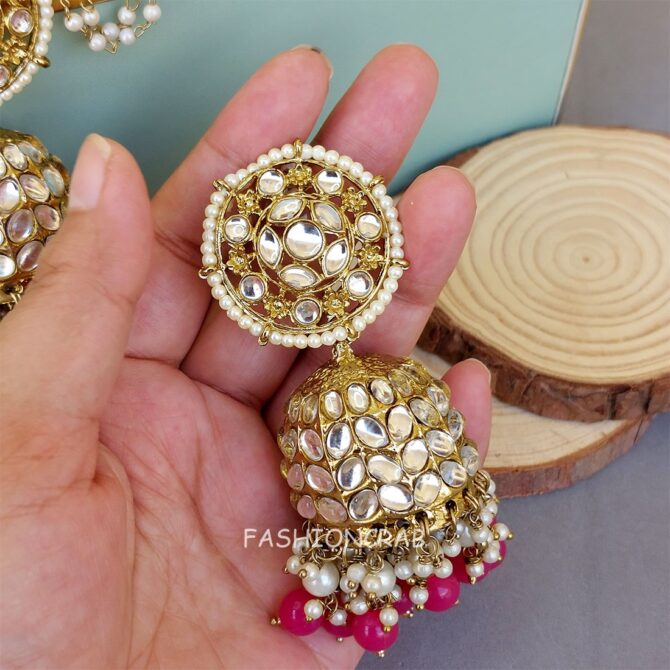 Pink Jhumka Earring with Chain