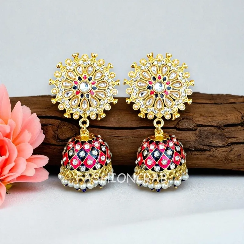 Pink Blue Kundan Jhumka Earring