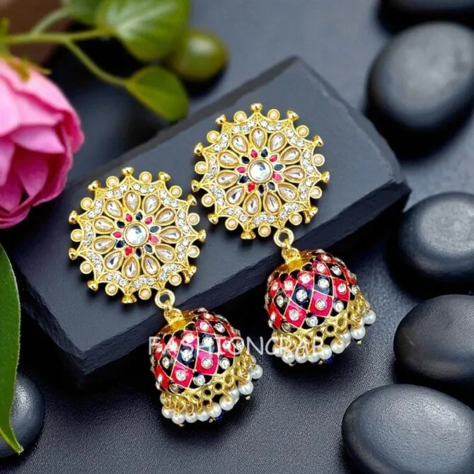 Pink Blue Kundan Jhumka Earring-02 Pink Blue Kundan Jhumka Earring