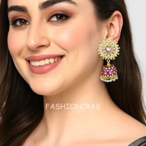 Pink Blue Kundan Jhumka Earring