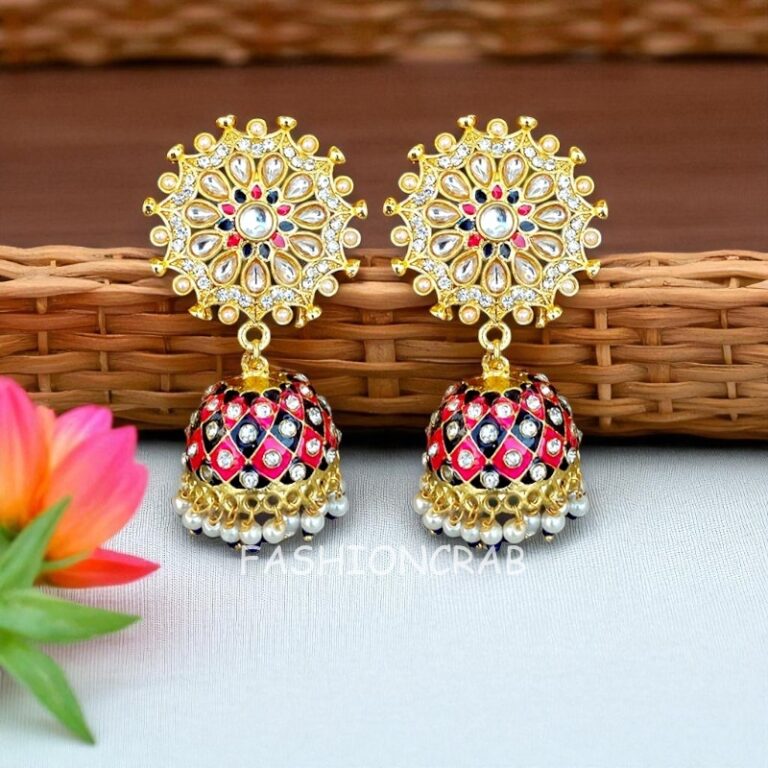 Pink Blue Kundan Jhumka Earring