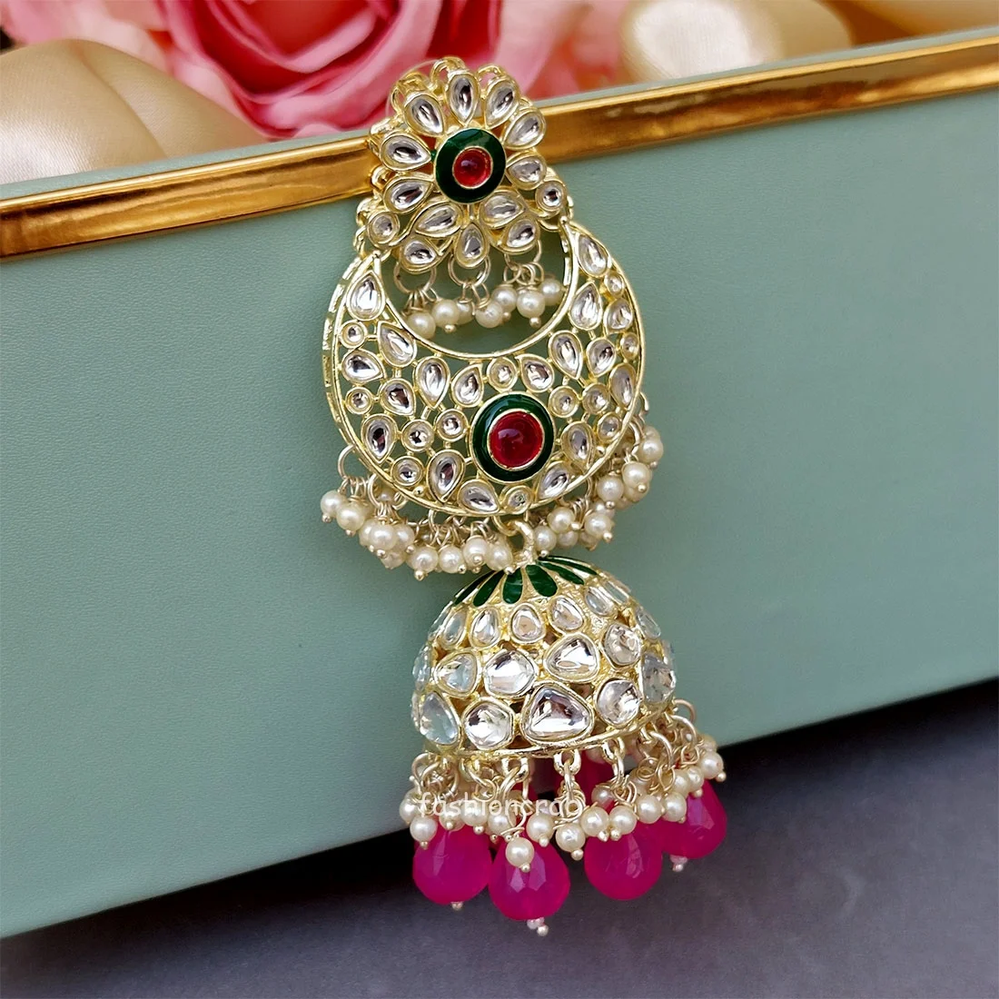 Soundarya Kundan Jhumka Earrings - Pink