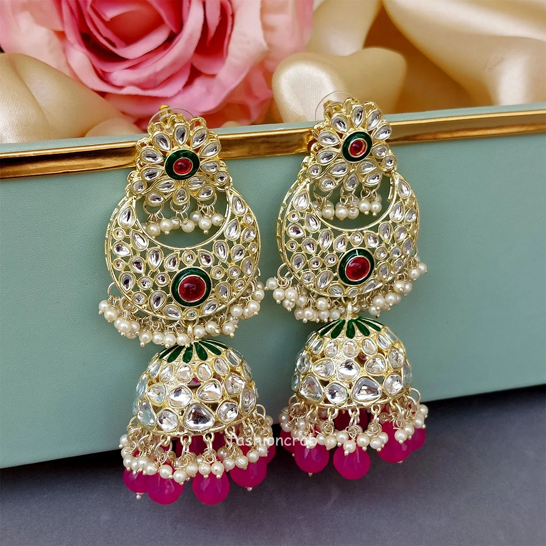 Soundarya Kundan Jhumka Earrings - Pink
