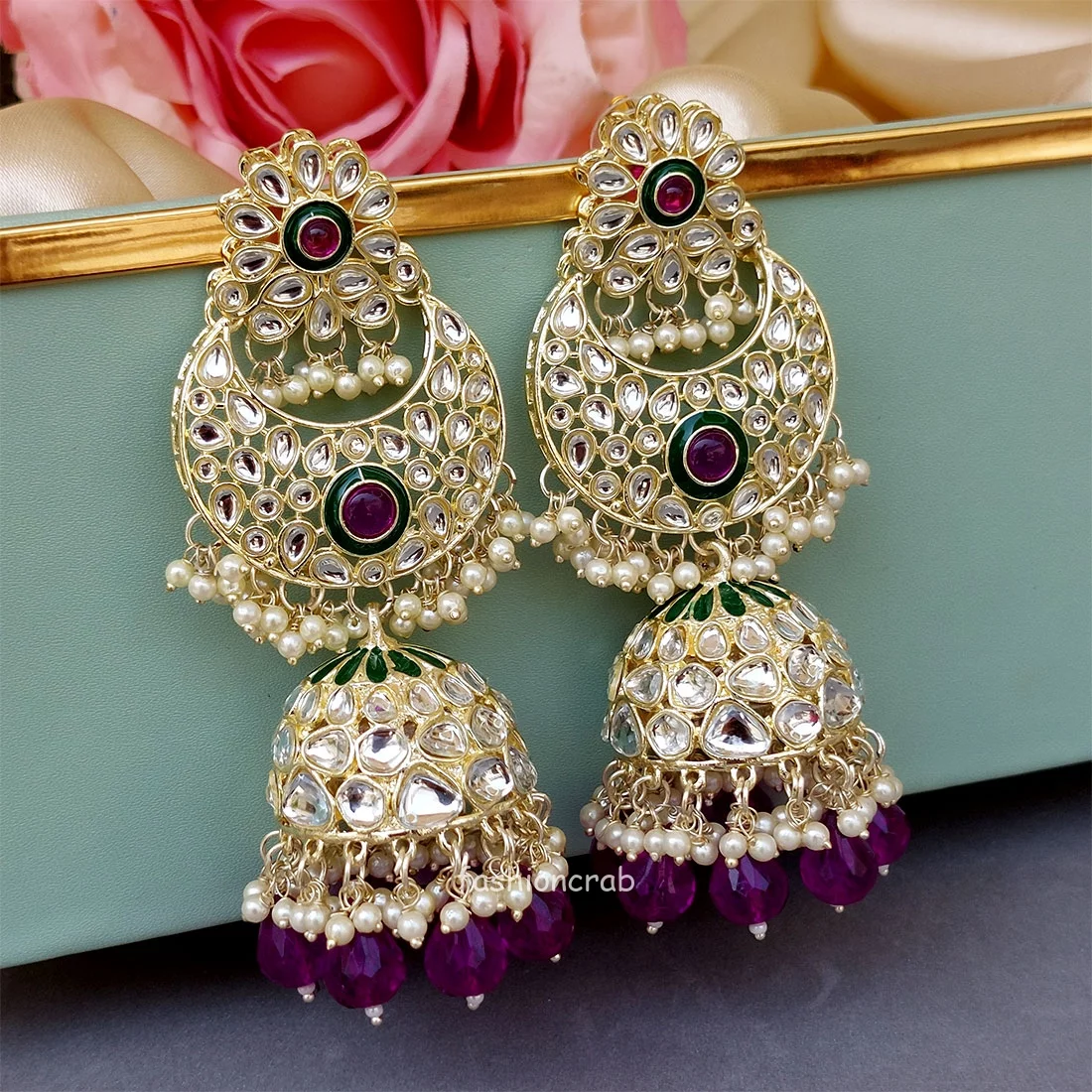Soundarya Kundan Jhumka Earrings - Purple