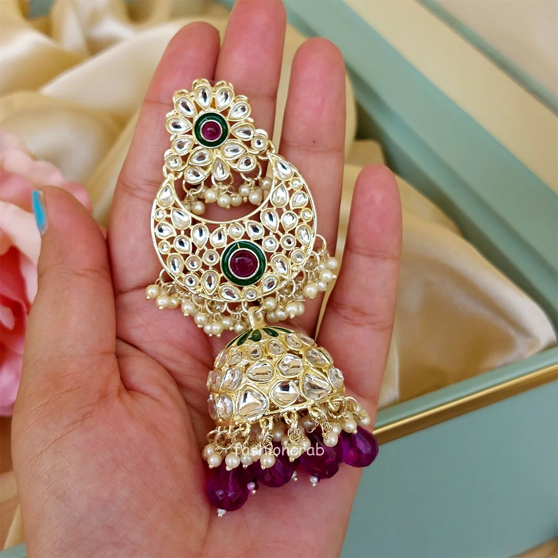 Soundarya Kundan Jhumka Earrings - Purple