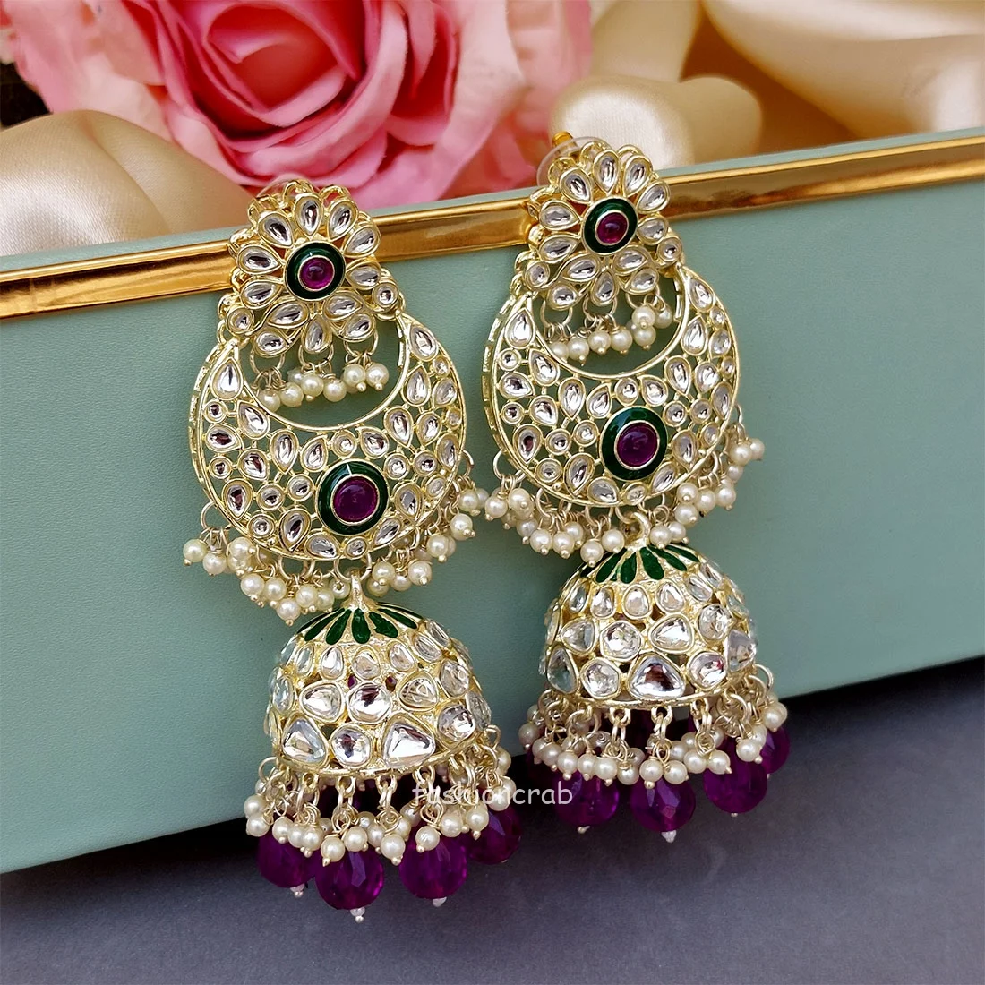Soundarya Kundan Jhumka Earrings - Purple
