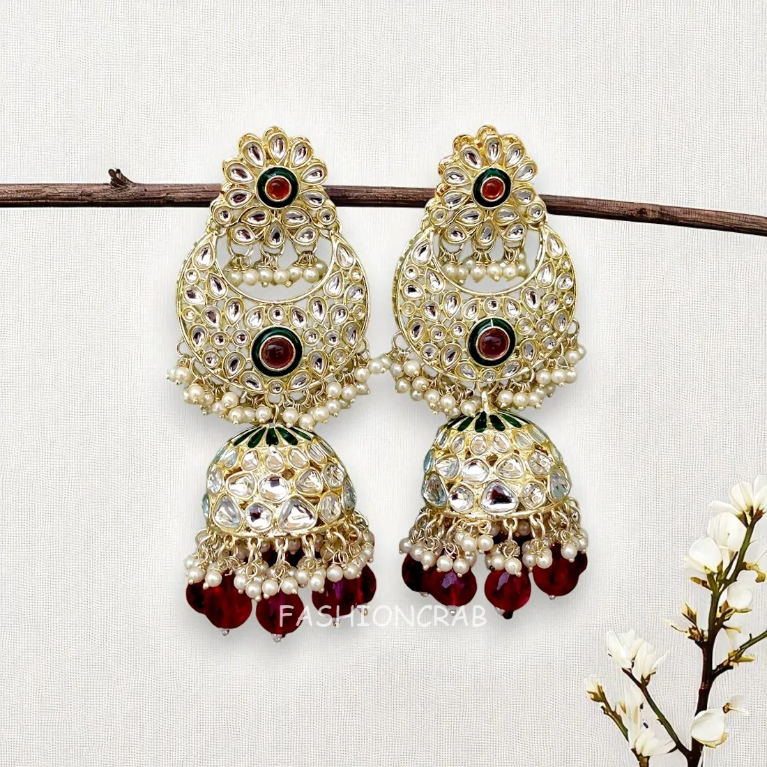 Soundarya Kundan Jhumka Earrings - Wine
