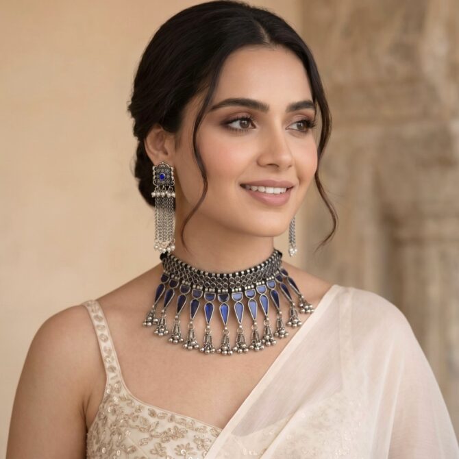 Blue Oxidised Jewellery Set for Saree