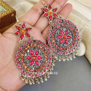 Oxidised Chandbali Earrings - Pink Orange