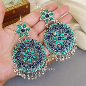 Oxidised Chandbali Earrings – Blue Green