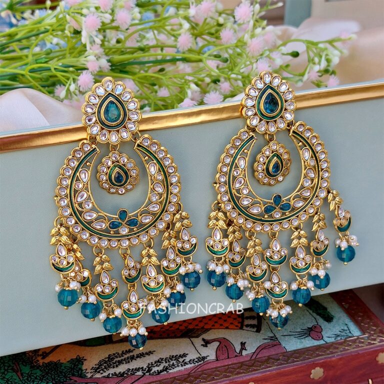 Aashi Kundan Earrings - Peacock Blue