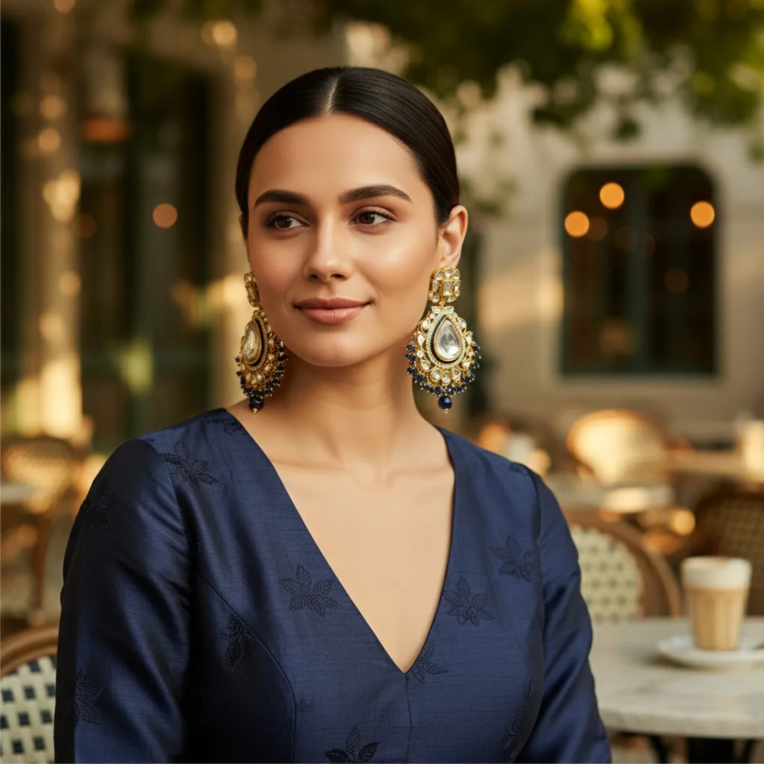 Diana Kundan Earrings - Dark Blue