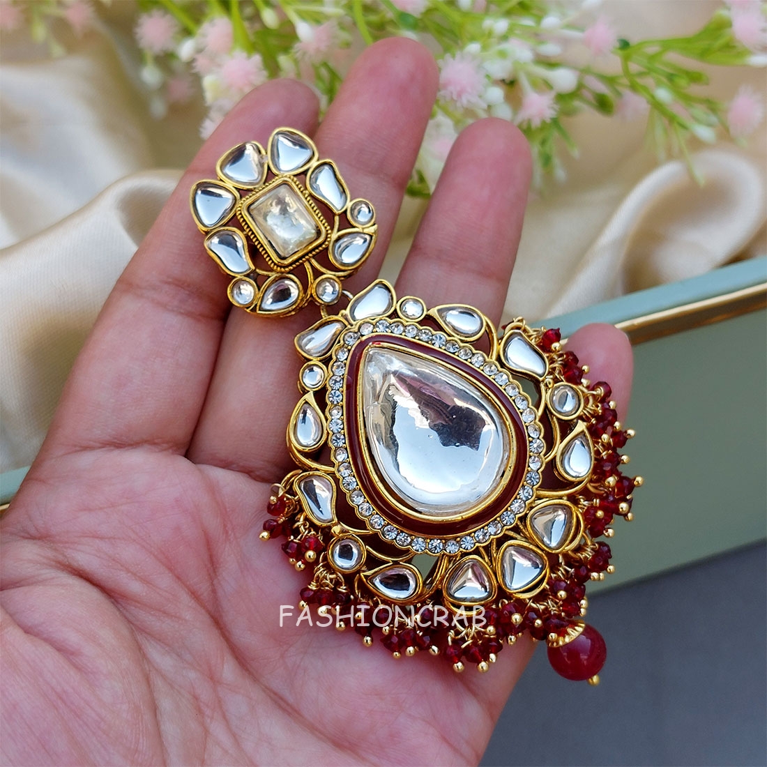 Diana Kundan Earrings Maroon
