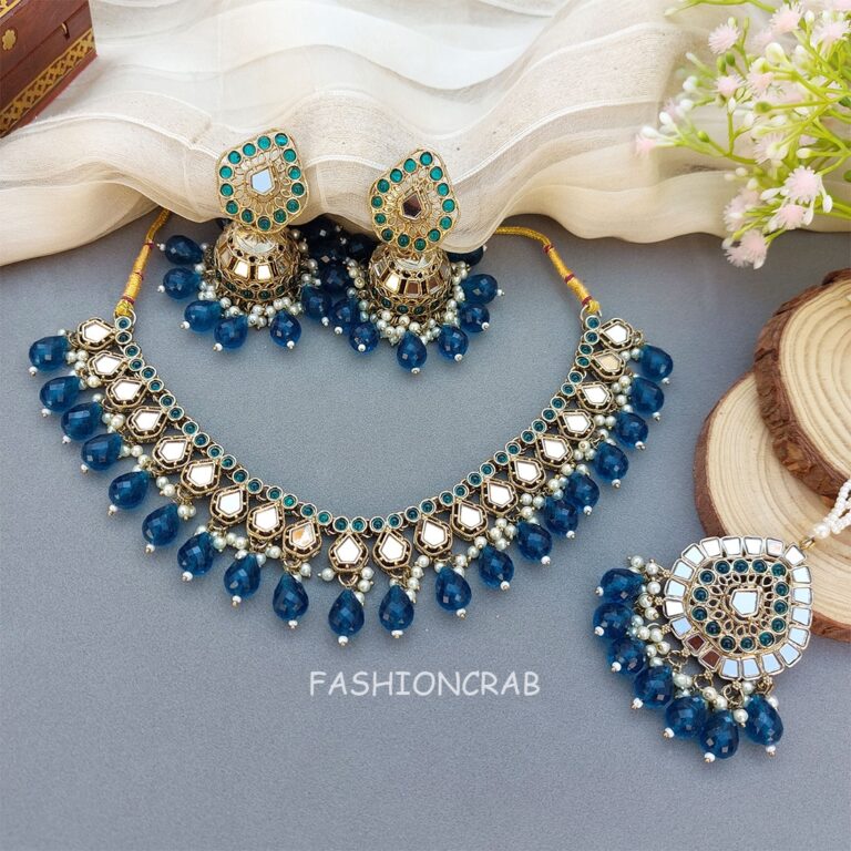 Gauri Mirror Necklace - Peacock Blue