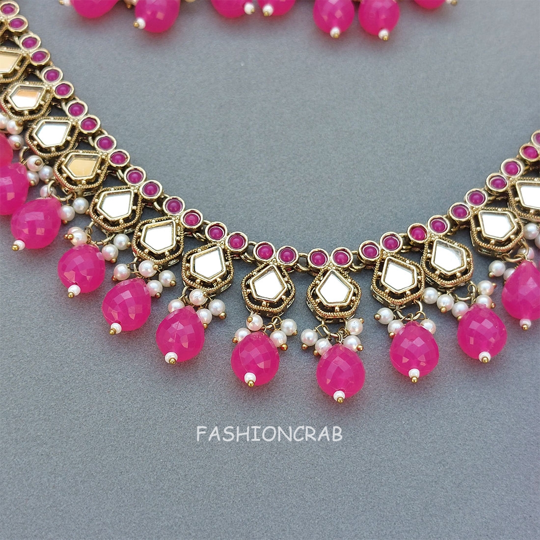 Gauri Mirror Necklace - Rani Pink
