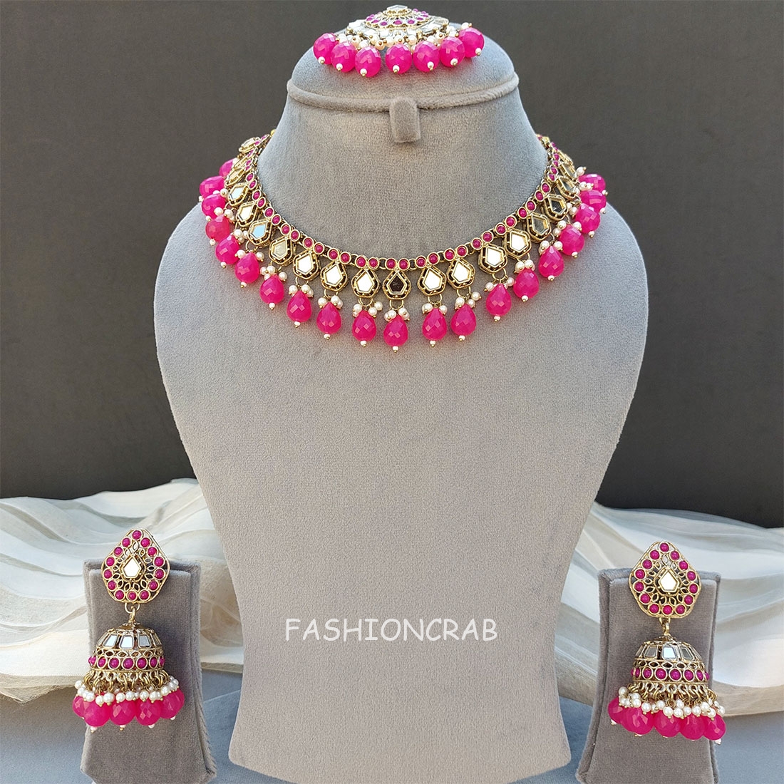 Gauri Mirror Necklace - Rani Pink