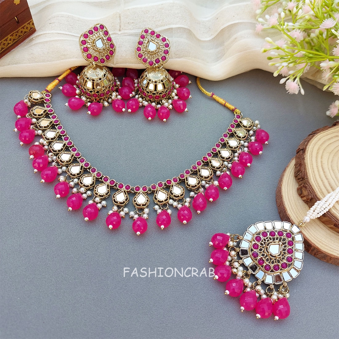 Gauri Mirror Necklace - Rani Pink