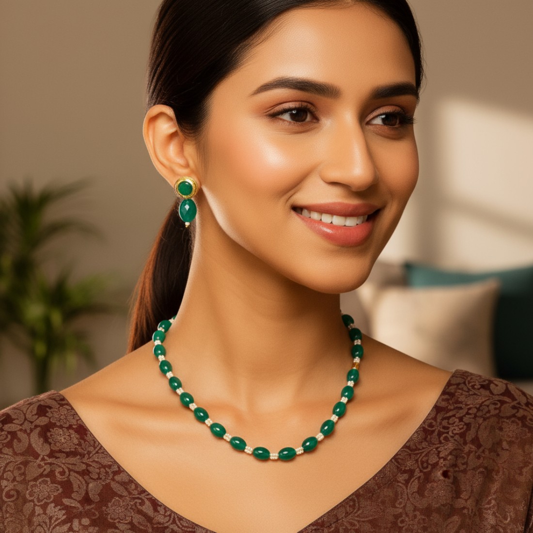 Green White Pearl Set with Earrings