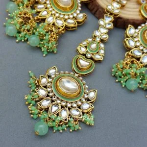 Ishira Kundan Earrings and Maangtikka - Green