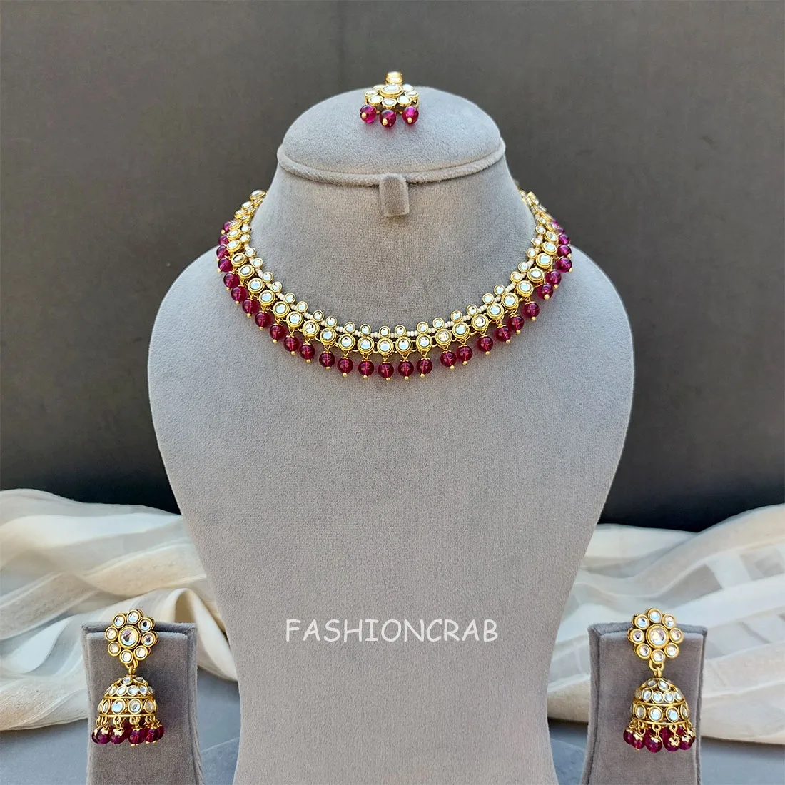 Leora Kundan Choker Necklace - Wine