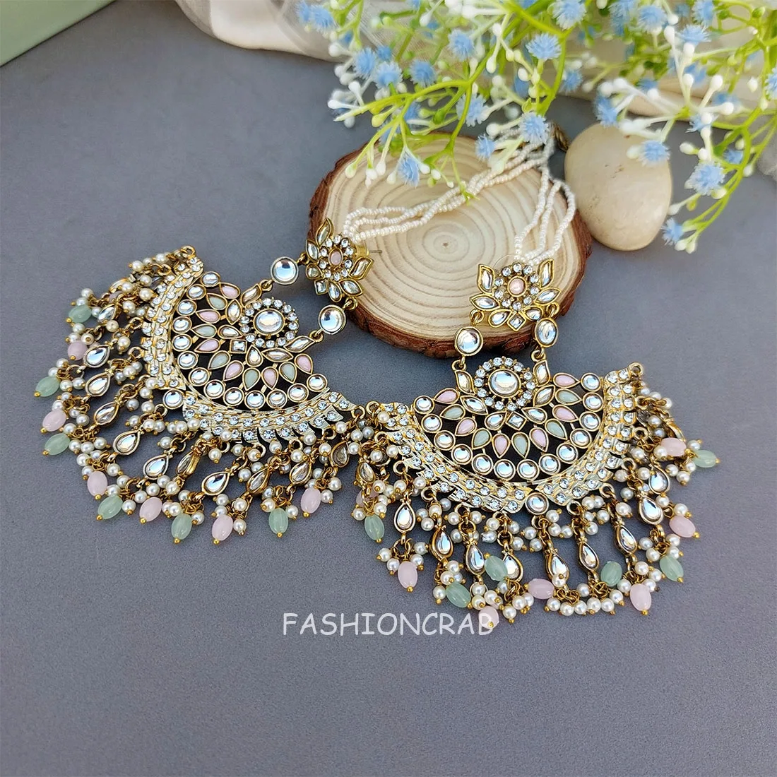 Meera Chandbali Earrings - Pink Green