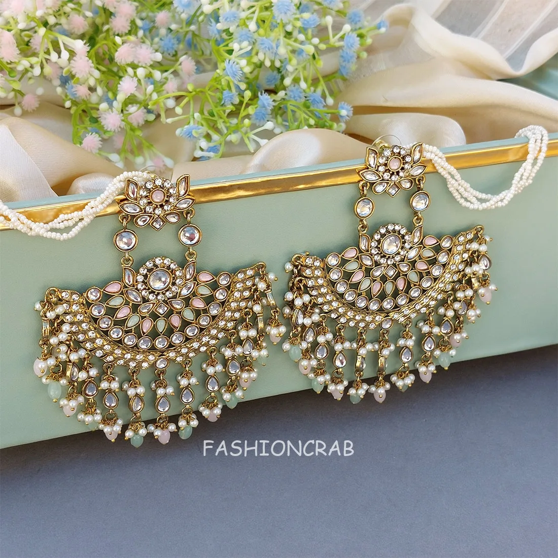 Meera Chandbali Earrings - Pink Green