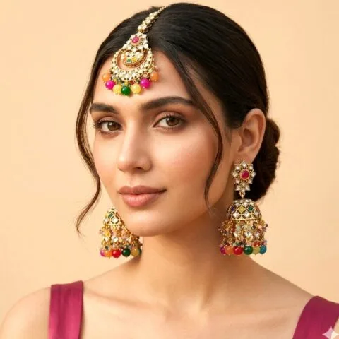 Meesha Maangtikka and Earrings Set - Multicolor